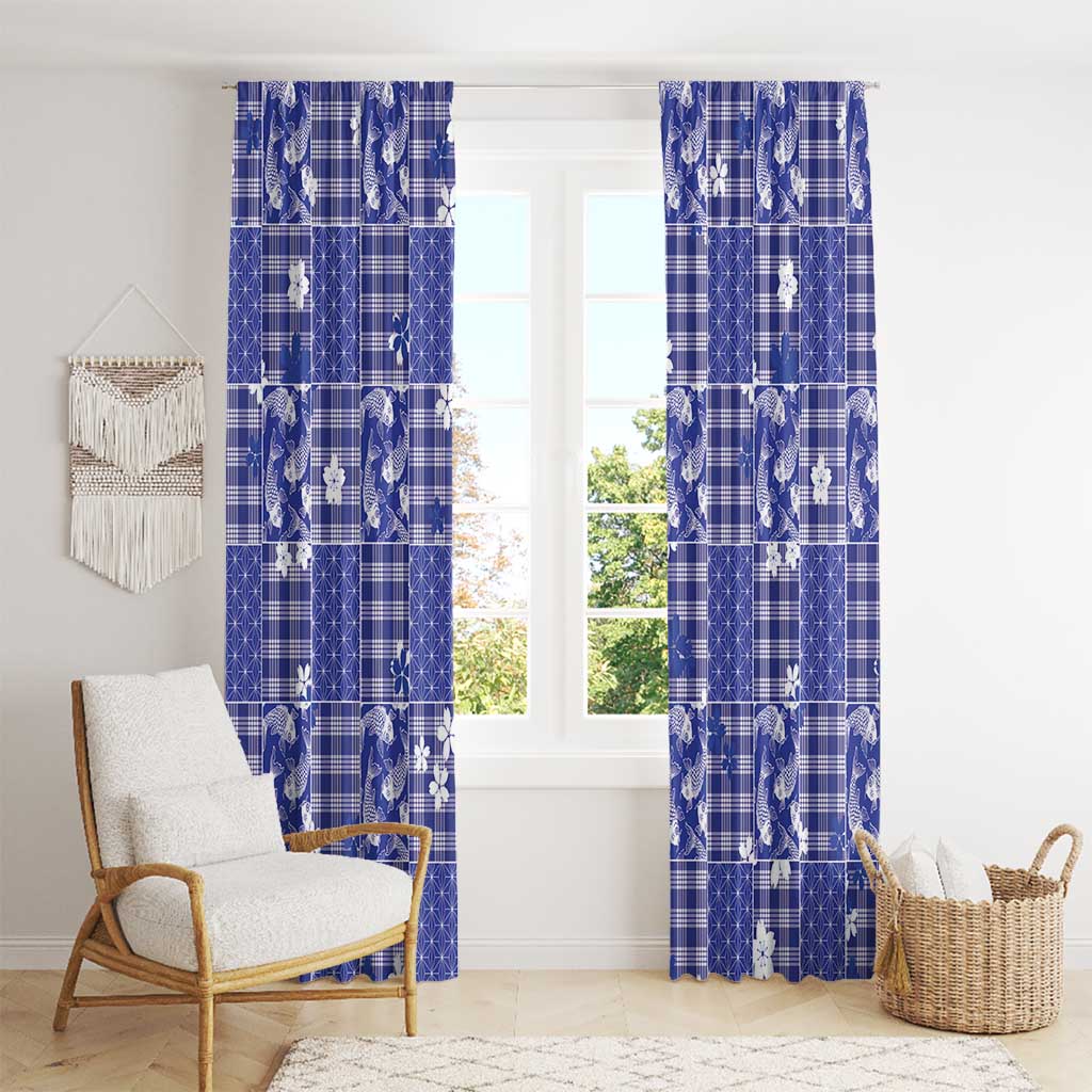 Blue Palaka Japanese Patterns Window Curtain Koi Fish Asanoha Sakura Patchwork Stylized - Polynesian Pride