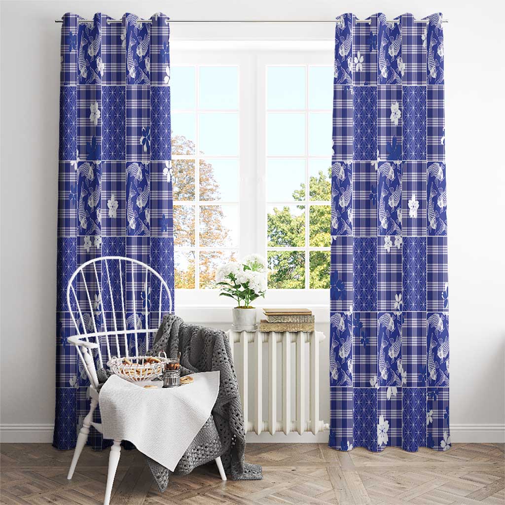 Blue Palaka Japanese Patterns Window Curtain Koi Fish Asanoha Sakura Patchwork Stylized - Polynesian Pride