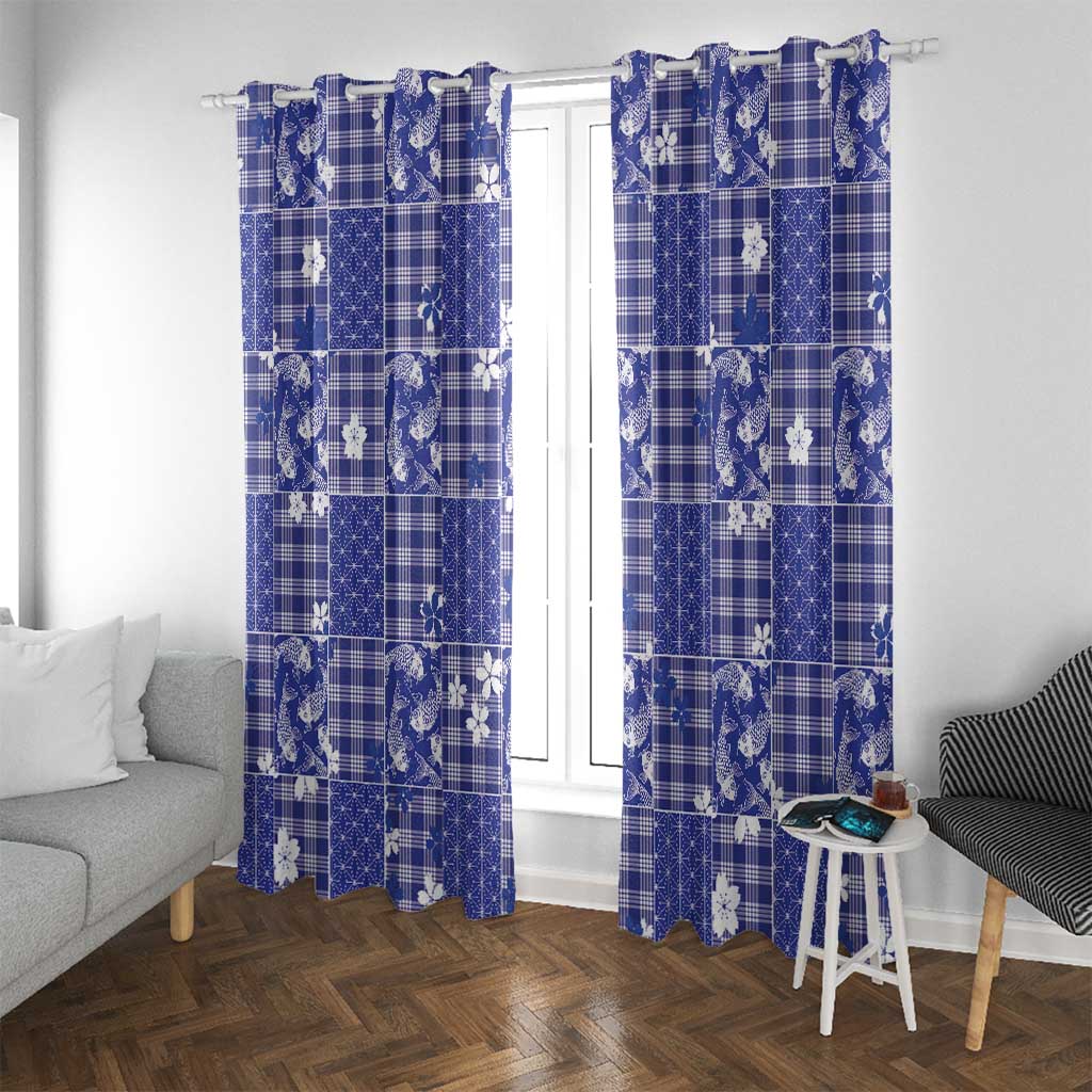 Blue Palaka Japanese Patterns Window Curtain Koi Fish Asanoha Sakura Patchwork Stylized - Polynesian Pride