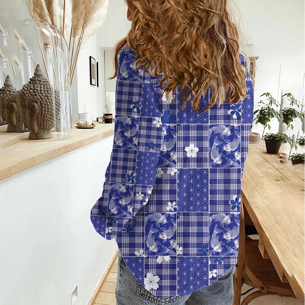 Blue Palaka Japanese Patterns Women Casual Shirt Koi Fish Asanoha Sakura Patchwork Stylized - Polynesian Pride