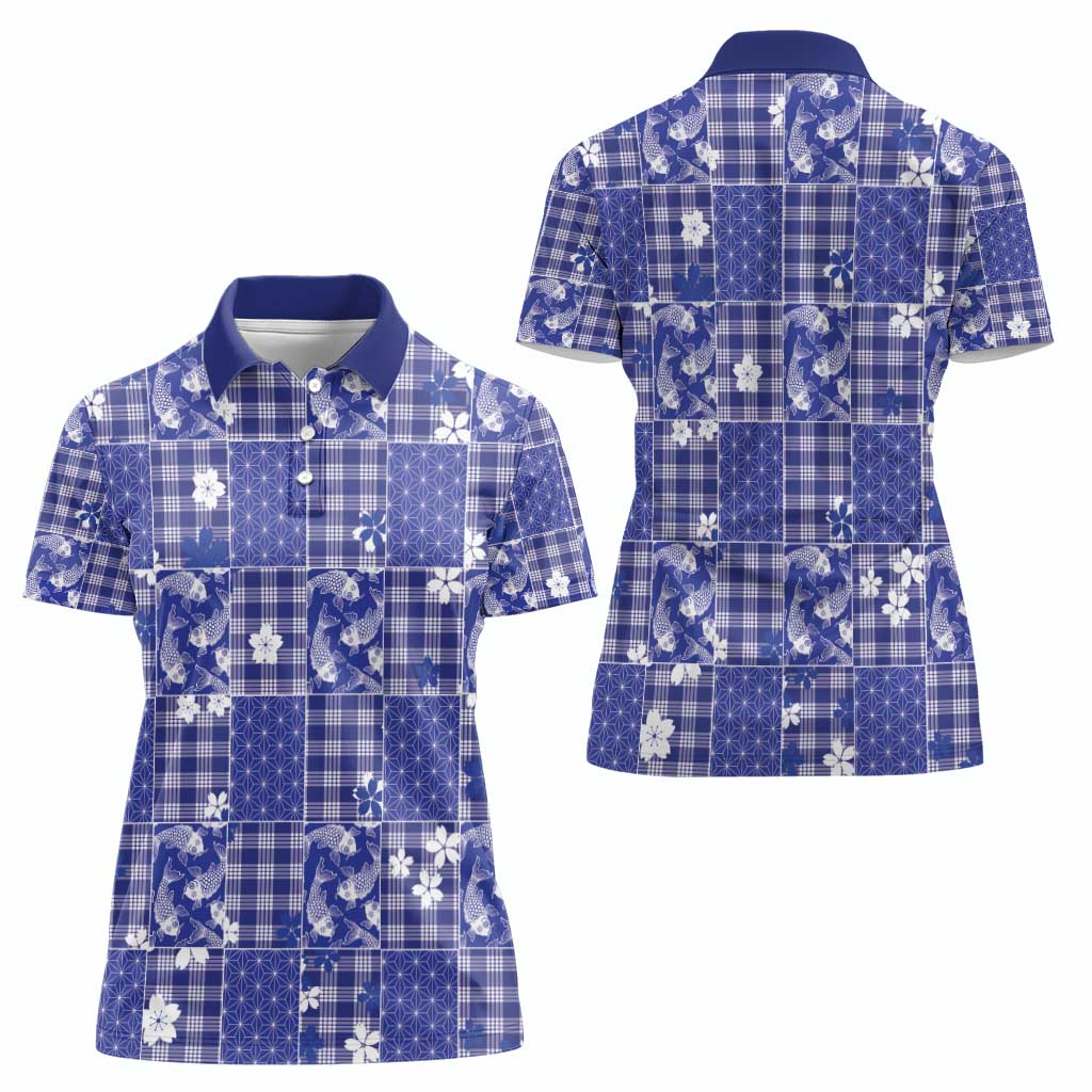 Blue Palaka Japanese Patterns Women Polo Shirt Koi Fish Asanoha Sakura Patchwork Stylized - Polynesian Pride