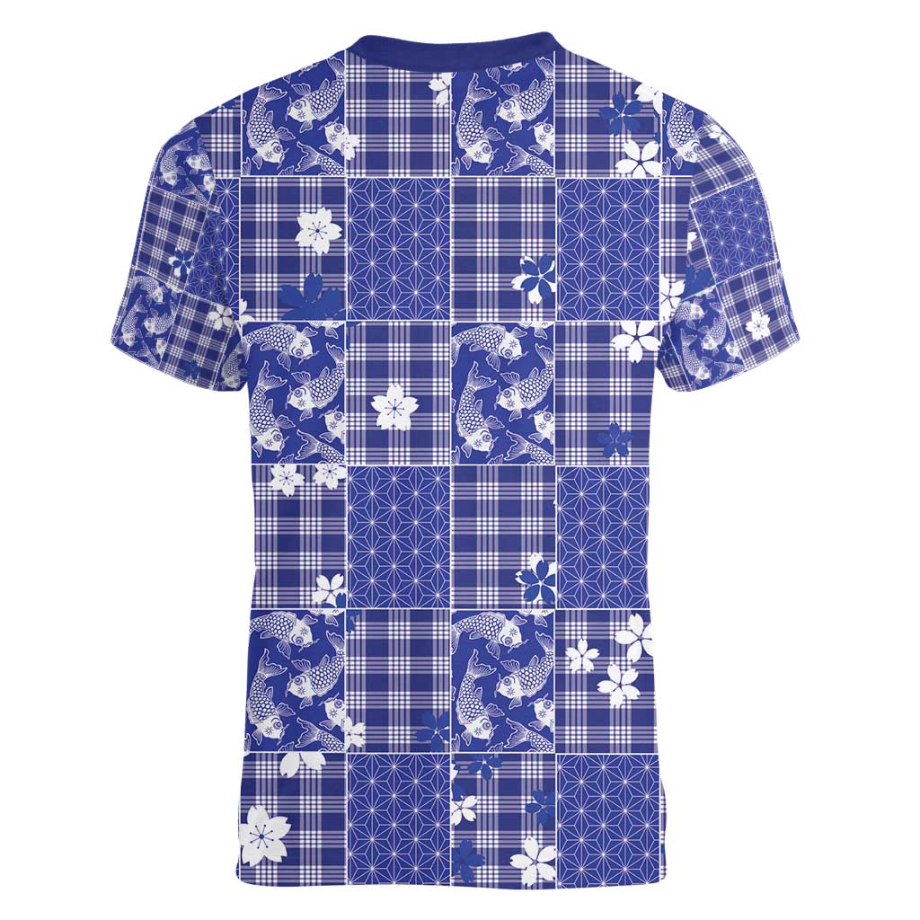 Blue Palaka Japanese Patterns Women V-Neck T-Shirt Koi Fish Asanoha Sakura Patchwork Stylized - Polynesian Pride