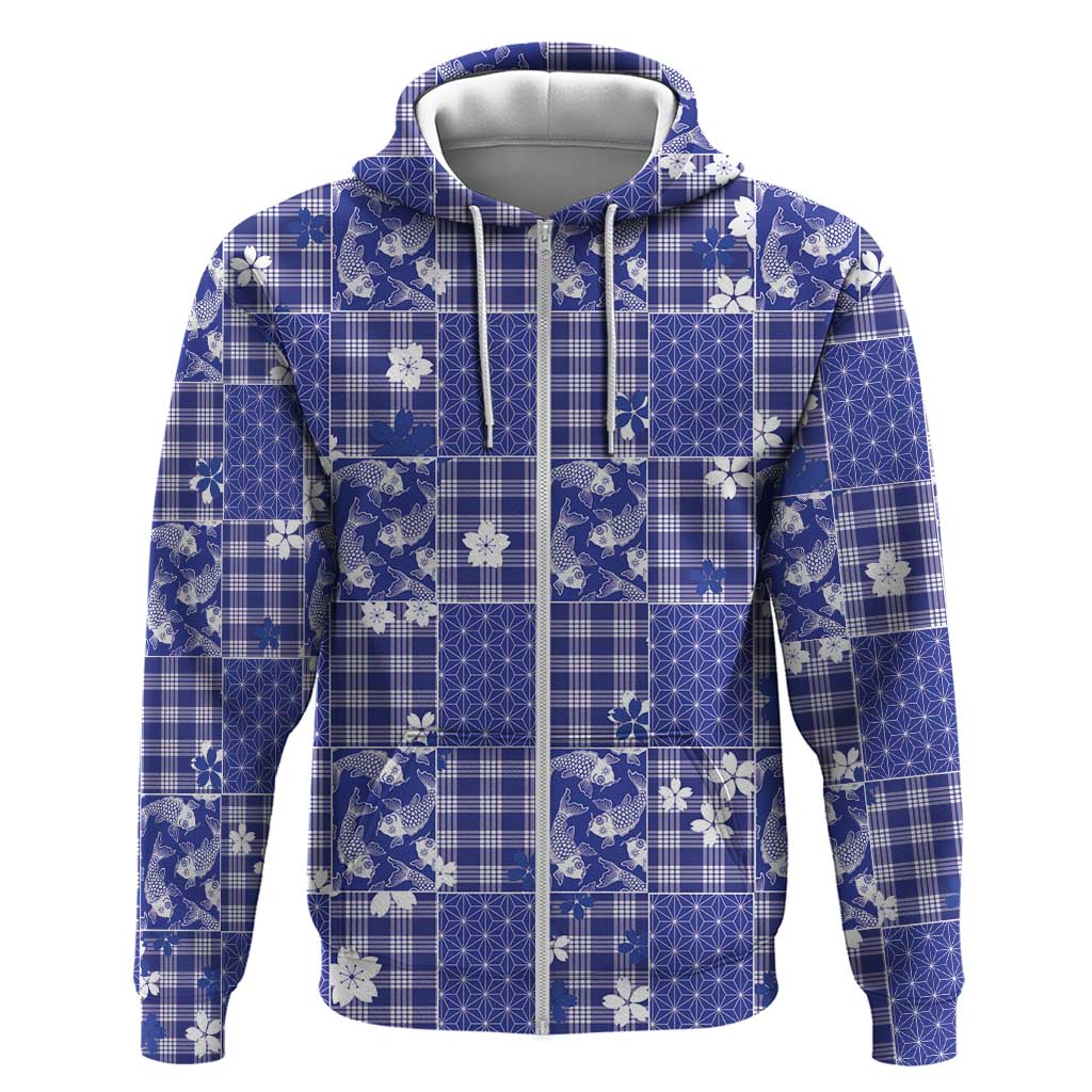 Blue Palaka Japanese Patterns Zip Hoodie Koi Fish Asanoha Sakura Patchwork Stylized - Polynesian Pride