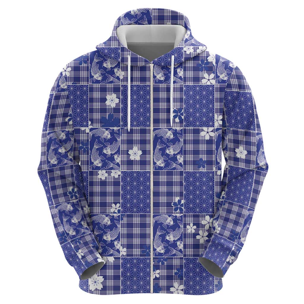 Blue Palaka Japanese Patterns Zip Hoodie Koi Fish Asanoha Sakura Patchwork Stylized - Polynesian Pride