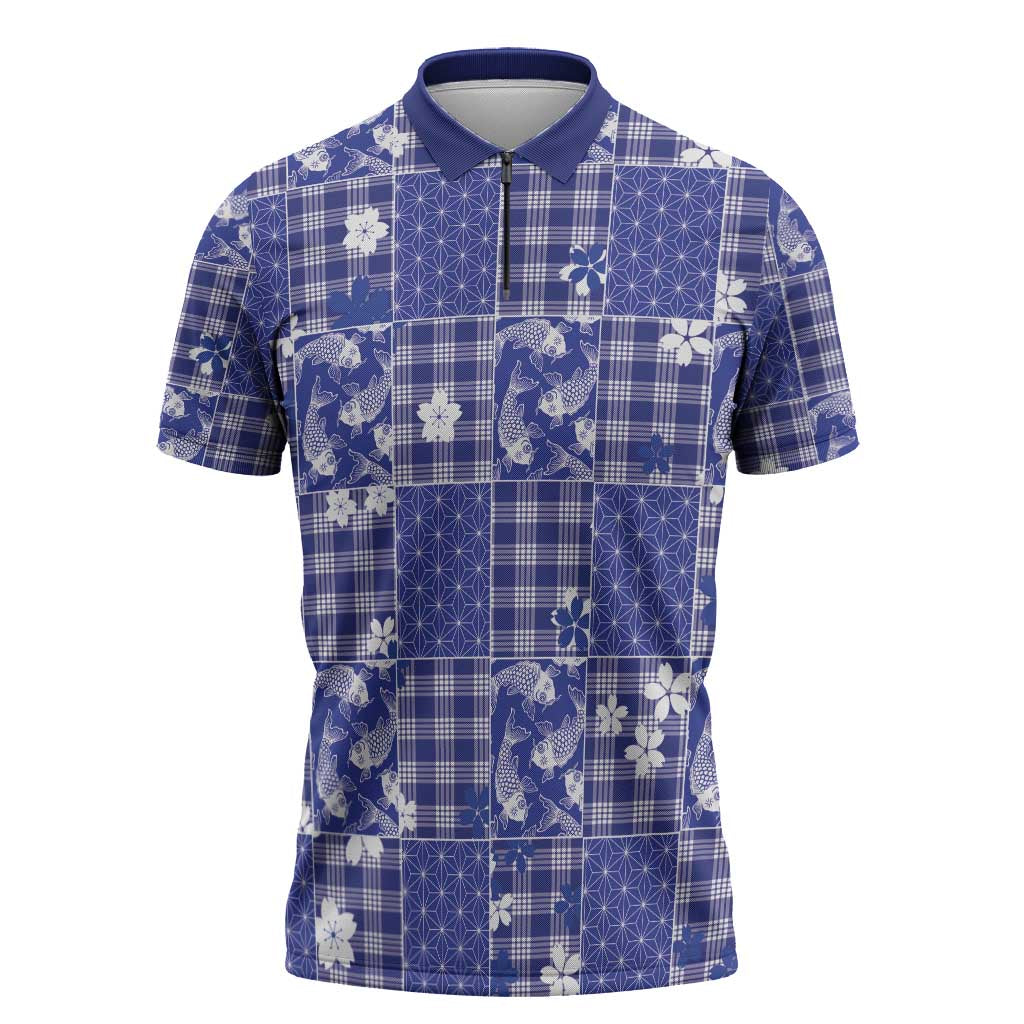 Blue Palaka Japanese Patterns Zipper Polo Shirt Koi Fish Asanoha Sakura Patchwork Stylized - Polynesian Pride