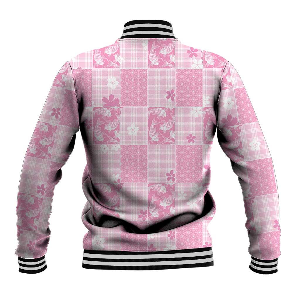 Pink Palaka Japanese Patterns Baseball Jacket Koi Fish Asanoha Sakura Patchwork Stylized - Polynesian Pride