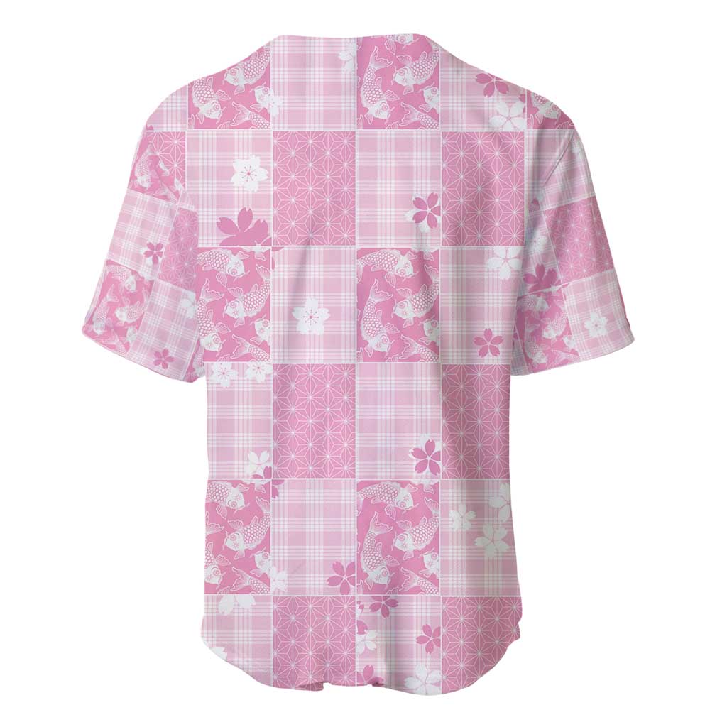 Pink Palaka Japanese Patterns Baseball Jersey Koi Fish Asanoha Sakura Patchwork Stylized - Polynesian Pride