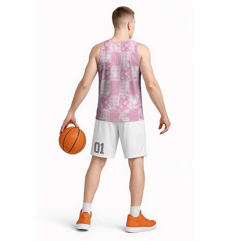 Pink Palaka Japanese Patterns Basketball Jersey Koi Fish Asanoha Sakura Patchwork Stylized - Polynesian Pride