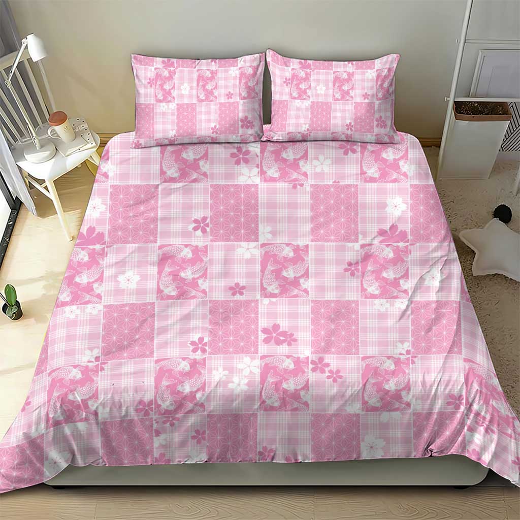 Pink Palaka Japanese Patterns Bedding Set Koi Fish Asanoha Sakura Patchwork Stylized - Polynesian Pride