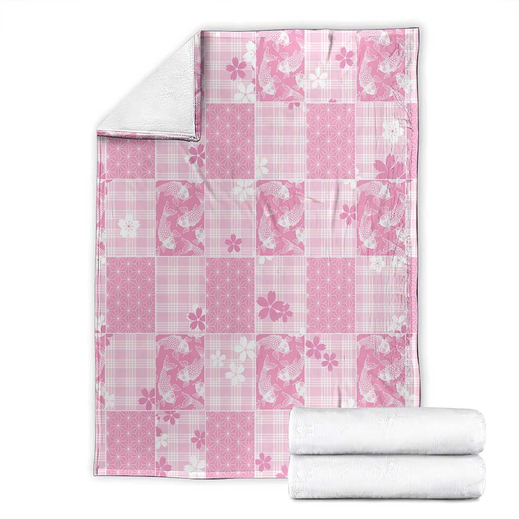 Pink Palaka Japanese Patterns Blanket Koi Fish Asanoha Sakura Patchwork Stylized - Polynesian Pride