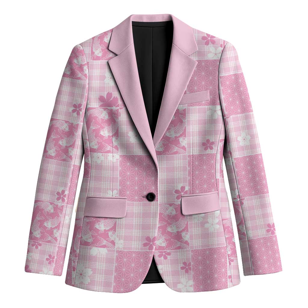 Pink Palaka Japanese Patterns Blazer Koi Fish Asanoha Sakura Patchwork Stylized - Polynesian Pride
