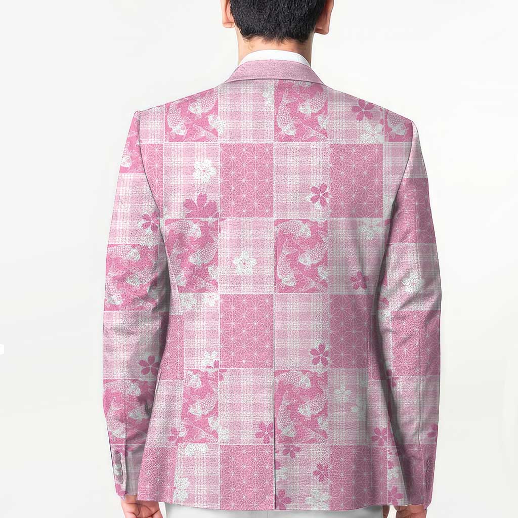 Pink Palaka Japanese Patterns Blazer Koi Fish Asanoha Sakura Patchwork Stylized - Polynesian Pride