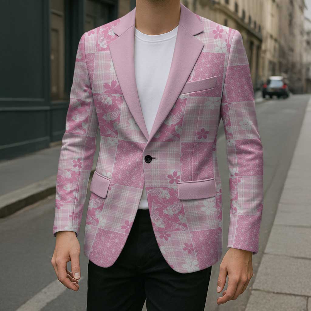 Pink Palaka Japanese Patterns Blazer Koi Fish Asanoha Sakura Patchwork Stylized - Polynesian Pride