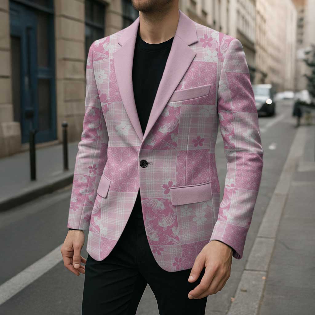Pink Palaka Japanese Patterns Blazer Koi Fish Asanoha Sakura Patchwork Stylized - Polynesian Pride