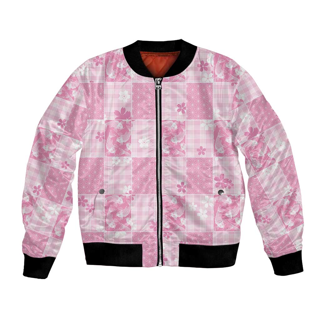 Pink Palaka Japanese Patterns Bomber Jacket Koi Fish Asanoha Sakura Patchwork Stylized - Polynesian Pride