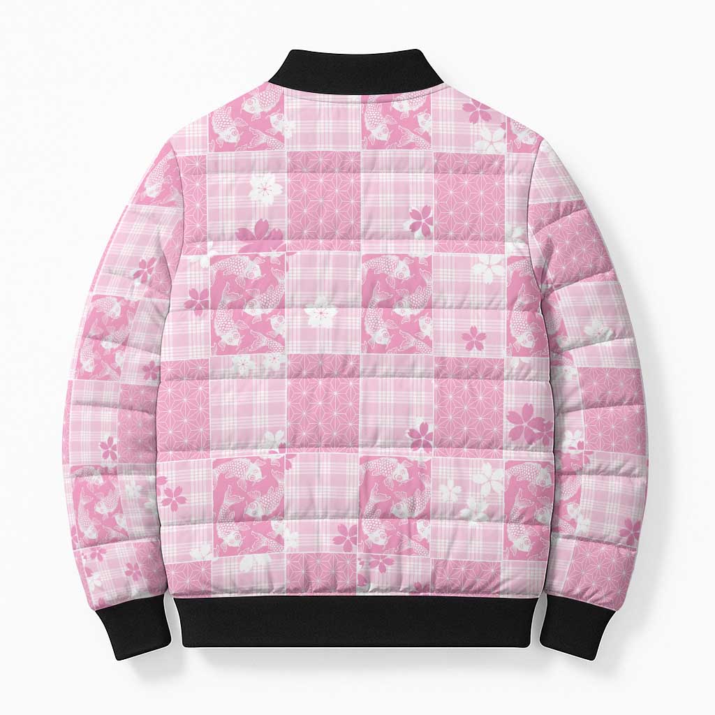Pink Palaka Japanese Patterns Bomber Puffer Jacket Koi Fish Asanoha Sakura Patchwork Stylized - Polynesian Pride