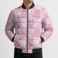 Pink Palaka Japanese Patterns Bomber Puffer Jacket Koi Fish Asanoha Sakura Patchwork Stylized - Polynesian Pride