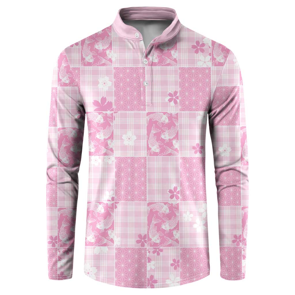 Pink Palaka Japanese Patterns Button Sweatshirt Koi Fish Asanoha Sakura Patchwork Stylized - Polynesian Pride