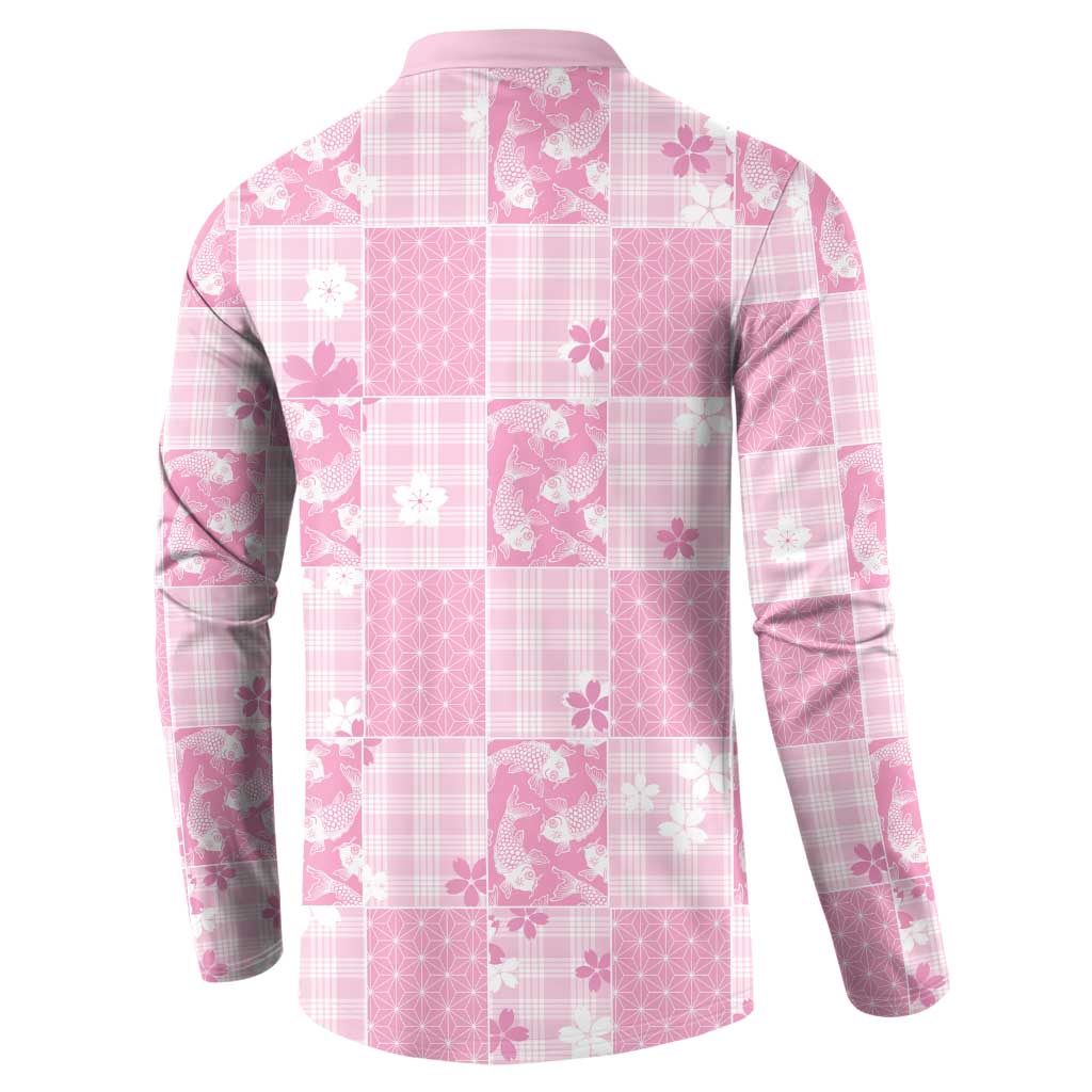 Pink Palaka Japanese Patterns Button Sweatshirt Koi Fish Asanoha Sakura Patchwork Stylized - Polynesian Pride