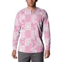 Pink Palaka Japanese Patterns Button Sweatshirt Koi Fish Asanoha Sakura Patchwork Stylized - Polynesian Pride