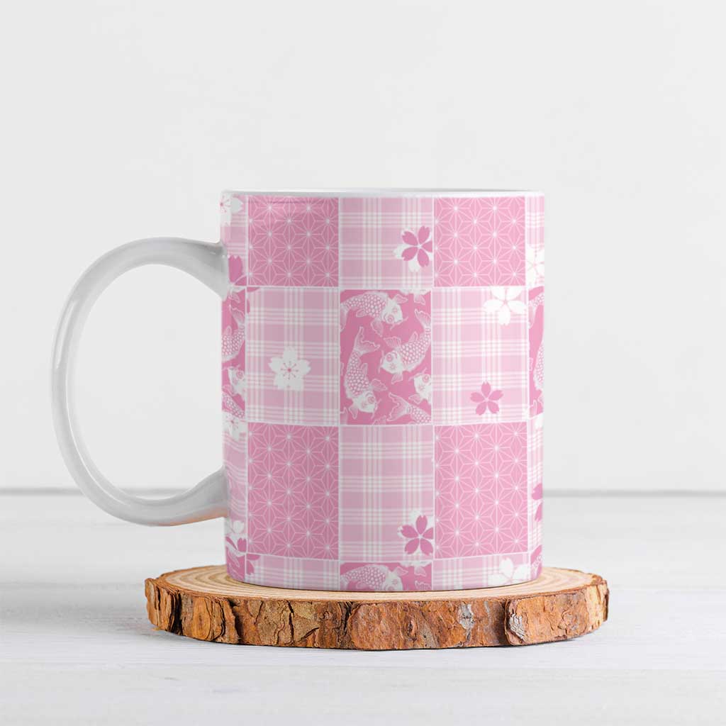 Pink Palaka Japanese Patterns Ceramic Mug Koi Fish Asanoha Sakura Patchwork Stylized - Polynesian Pride