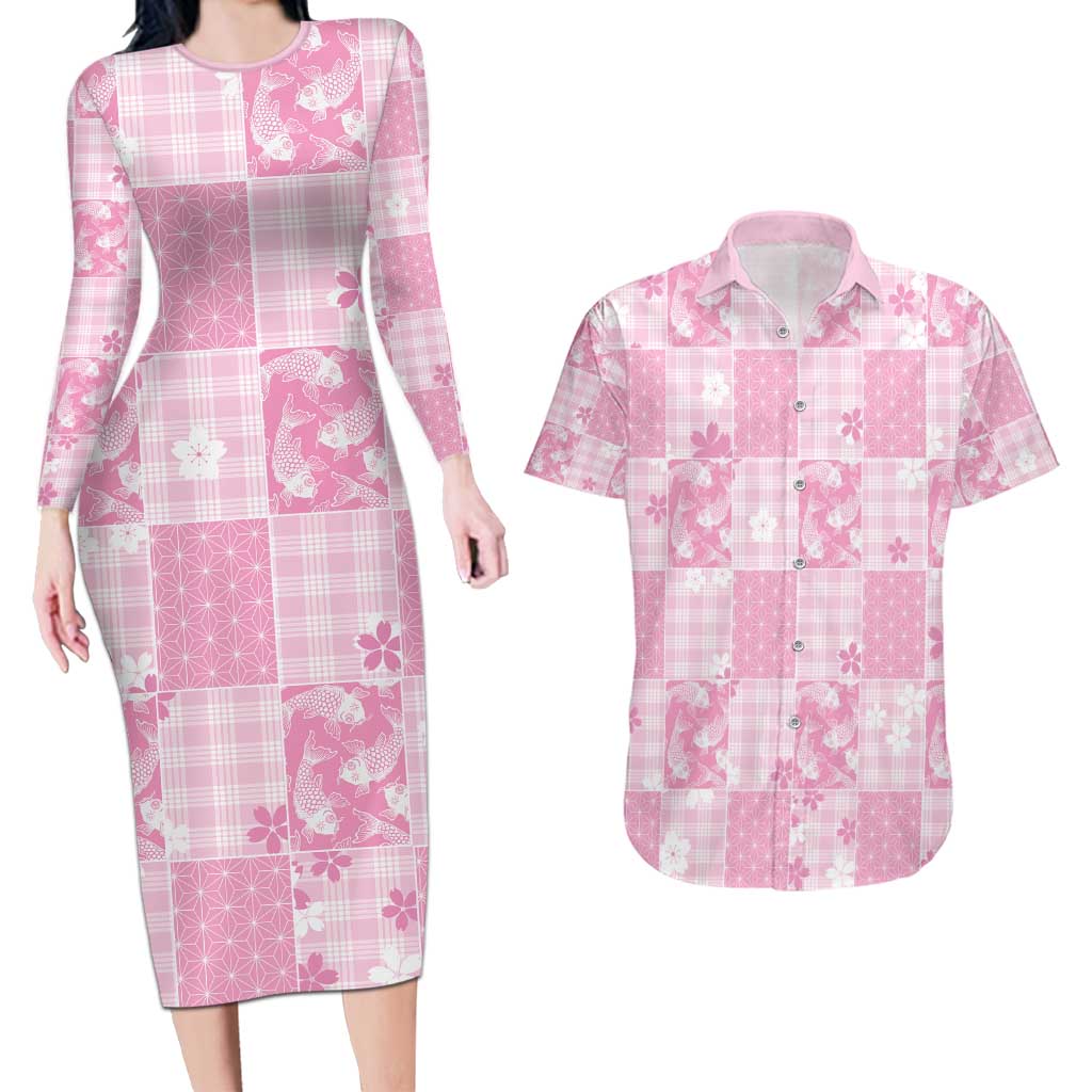 Pink Palaka Japanese Patterns Couples Matching Long Sleeve Bodycon Dress and Hawaiian Shirt Koi Fish Asanoha Sakura Patchwork Stylized - Polynesian Pride