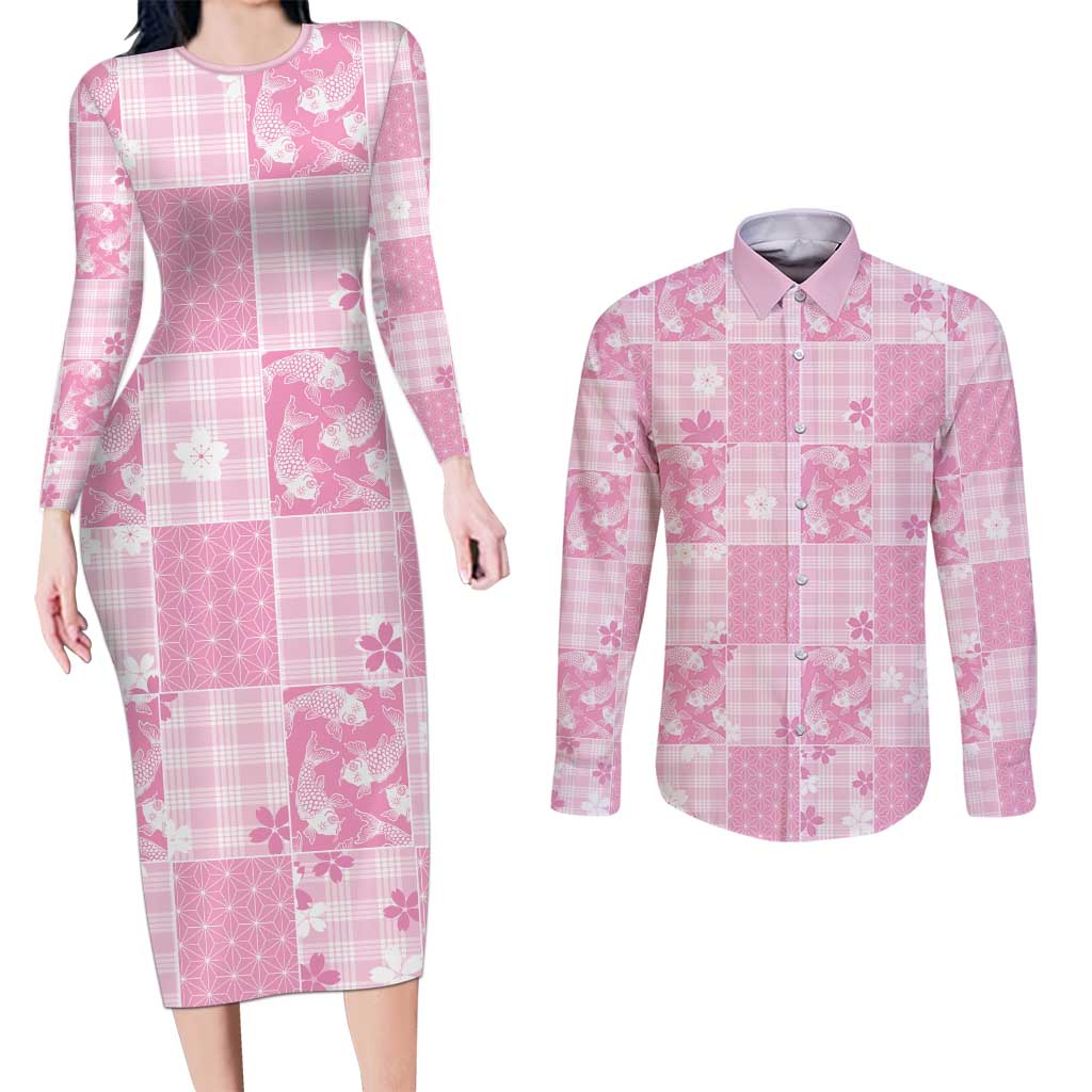 Pink Palaka Japanese Patterns Couples Matching Long Sleeve Bodycon Dress and Long Sleeve Button Shirt Koi Fish Asanoha Sakura Patchwork Stylized - Polynesian Pride