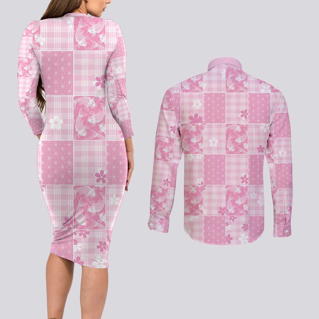 Pink Palaka Japanese Patterns Couples Matching Long Sleeve Bodycon Dress and Long Sleeve Button Shirt Koi Fish Asanoha Sakura Patchwork Stylized - Polynesian Pride