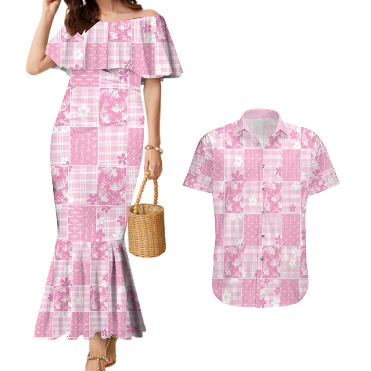 Pink Palaka Japanese Patterns Couples Matching Mermaid Dress and Hawaiian Shirt Koi Fish Asanoha Sakura Patchwork Stylized - Polynesian Pride