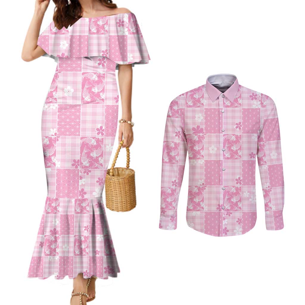 Pink Palaka Japanese Patterns Couples Matching Mermaid Dress and Long Sleeve Button Shirt Koi Fish Asanoha Sakura Patchwork Stylized - Polynesian Pride