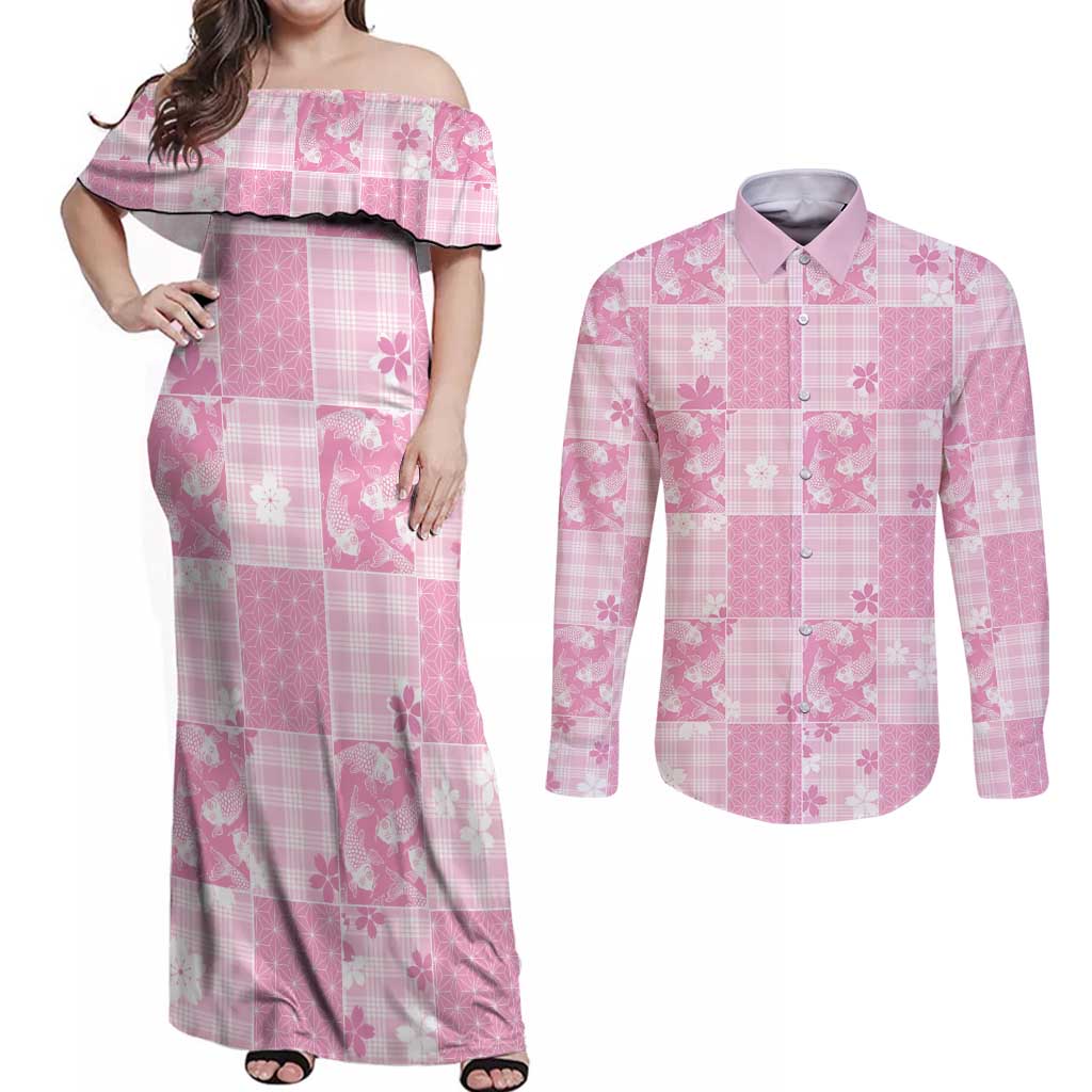 Pink Palaka Japanese Patterns Couples Matching Off Shoulder Maxi Dress and Long Sleeve Button Shirt Koi Fish Asanoha Sakura Patchwork Stylized - Polynesian Pride