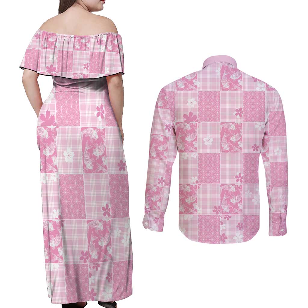 Pink Palaka Japanese Patterns Couples Matching Off Shoulder Maxi Dress and Long Sleeve Button Shirt Koi Fish Asanoha Sakura Patchwork Stylized - Polynesian Pride
