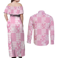 Pink Palaka Japanese Patterns Couples Matching Off Shoulder Maxi Dress and Long Sleeve Button Shirt Koi Fish Asanoha Sakura Patchwork Stylized - Polynesian Pride
