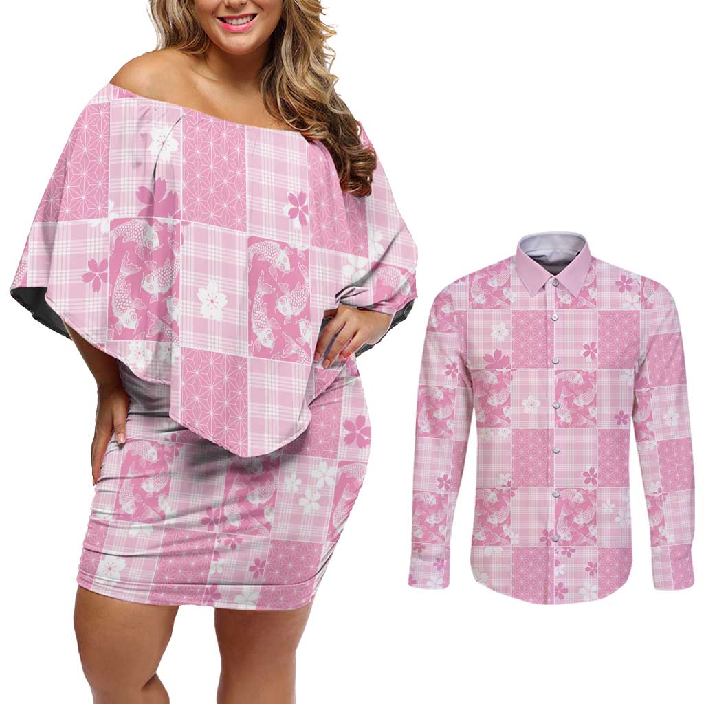 Pink Palaka Japanese Patterns Couples Matching Off Shoulder Short Dress and Long Sleeve Button Shirt Koi Fish Asanoha Sakura Patchwork Stylized - Polynesian Pride