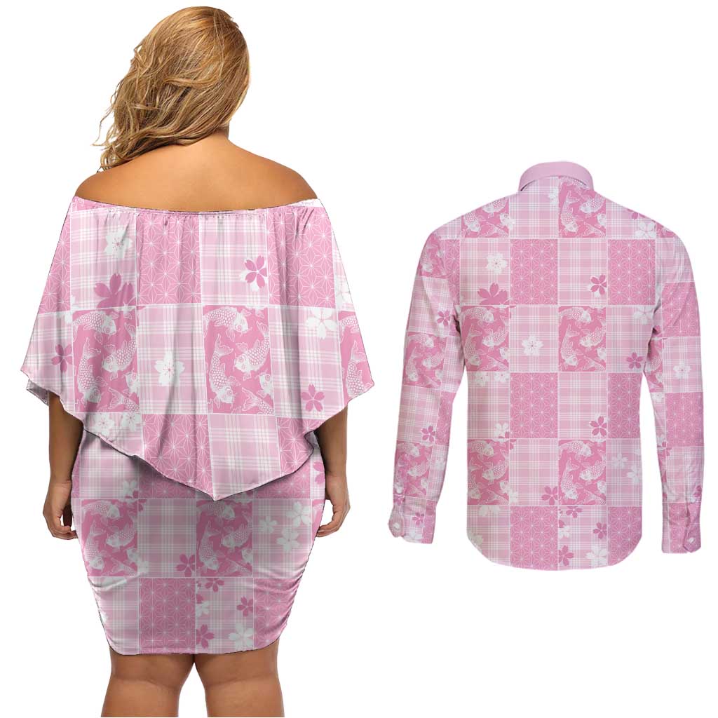 Pink Palaka Japanese Patterns Couples Matching Off Shoulder Short Dress and Long Sleeve Button Shirt Koi Fish Asanoha Sakura Patchwork Stylized - Polynesian Pride
