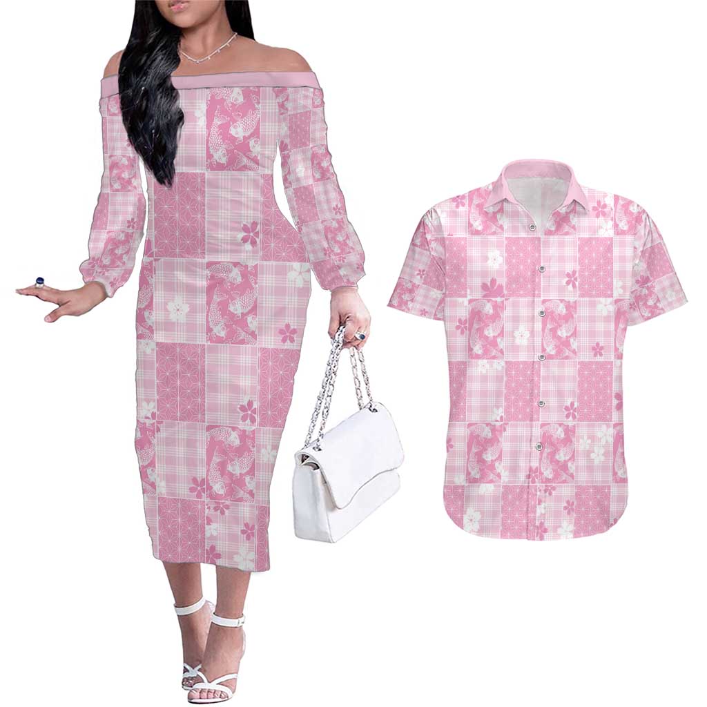 Pink Palaka Japanese Patterns Couples Matching Off The Shoulder Long Sleeve Dress and Hawaiian Shirt Koi Fish Asanoha Sakura Patchwork Stylized - Polynesian Pride