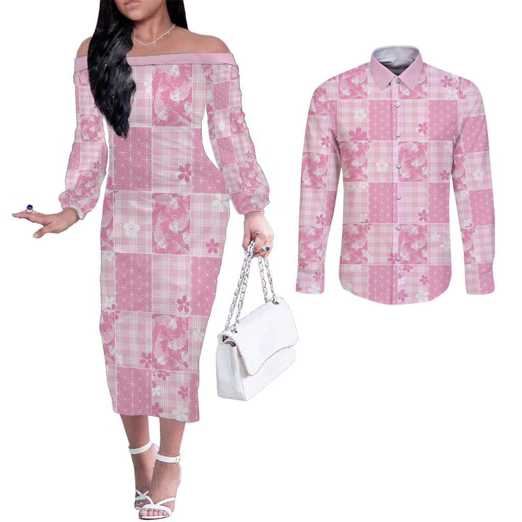 Pink Palaka Japanese Patterns Couples Matching Off The Shoulder Long Sleeve Dress and Long Sleeve Button Shirt Koi Fish Asanoha Sakura Patchwork Stylized - Polynesian Pride