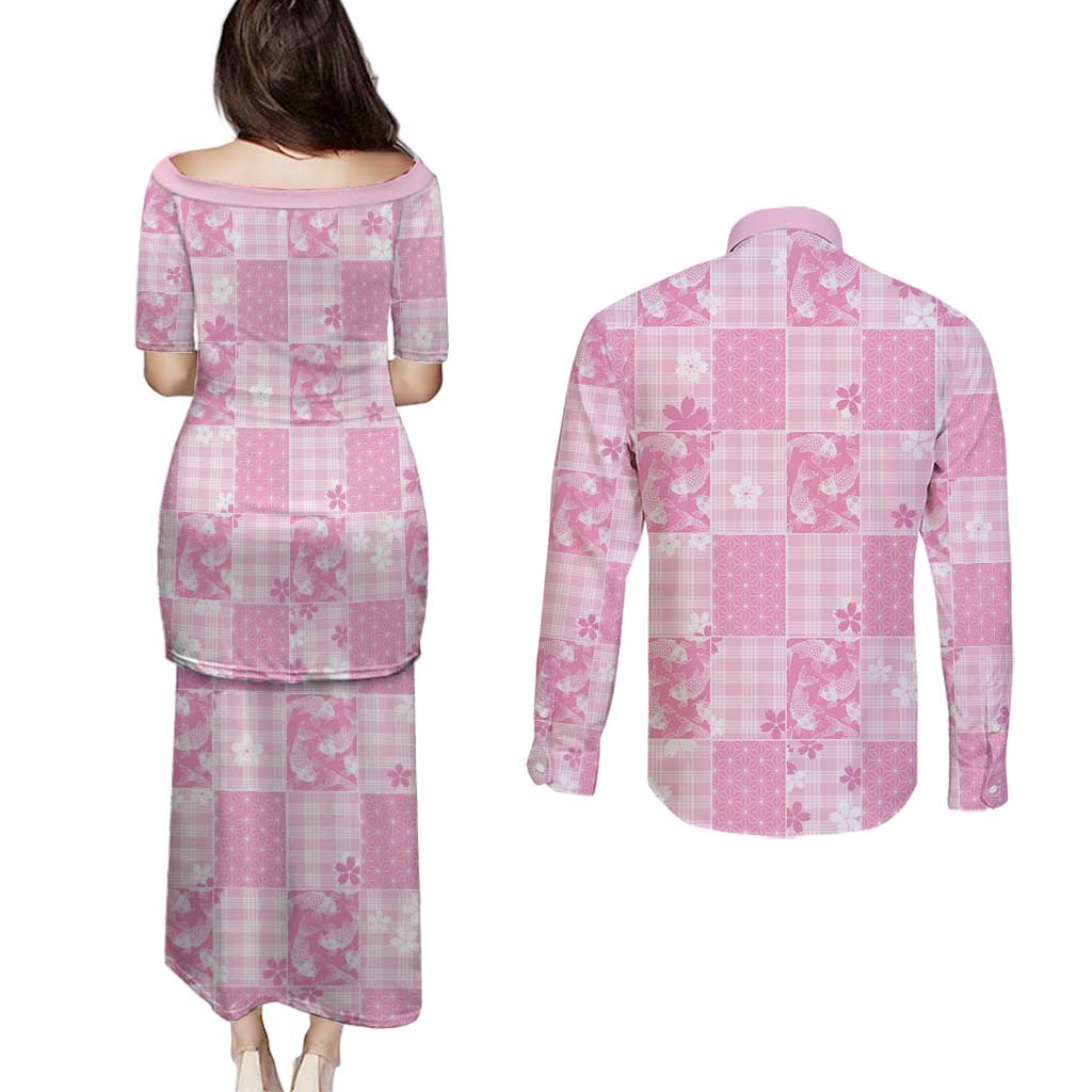 Pink Palaka Japanese Patterns Couples Matching Puletasi and Long Sleeve Button Shirt Koi Fish Asanoha Sakura Patchwork Stylized - Polynesian Pride
