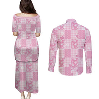 Pink Palaka Japanese Patterns Couples Matching Puletasi and Long Sleeve Button Shirt Koi Fish Asanoha Sakura Patchwork Stylized - Polynesian Pride