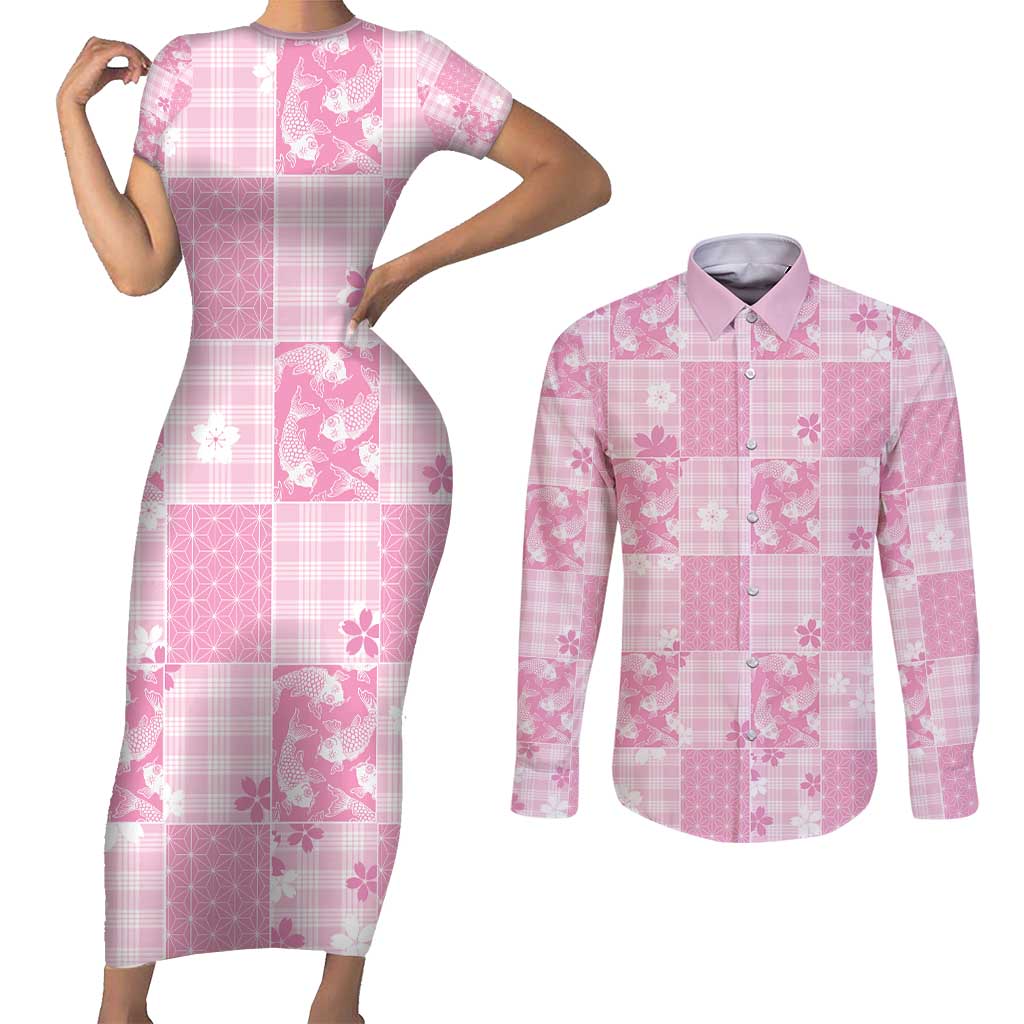 Pink Palaka Japanese Patterns Couples Matching Short Sleeve Bodycon Dress and Long Sleeve Button Shirt Koi Fish Asanoha Sakura Patchwork Stylized - Polynesian Pride