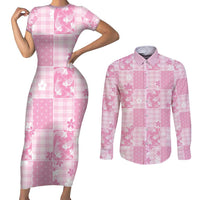 Pink Palaka Japanese Patterns Couples Matching Short Sleeve Bodycon Dress and Long Sleeve Button Shirt Koi Fish Asanoha Sakura Patchwork Stylized - Polynesian Pride