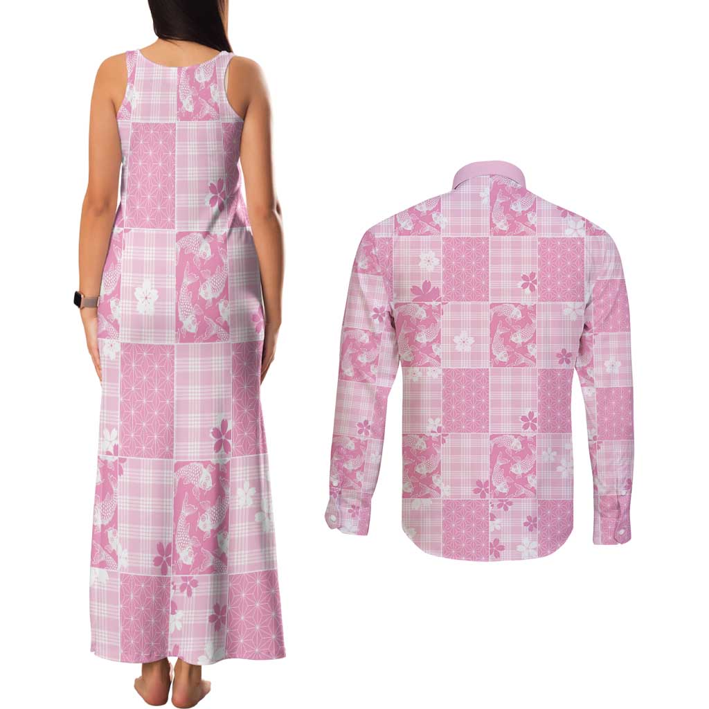 Pink Palaka Japanese Patterns Couples Matching Tank Maxi Dress and Long Sleeve Button Shirt Koi Fish Asanoha Sakura Patchwork Stylized - Polynesian Pride