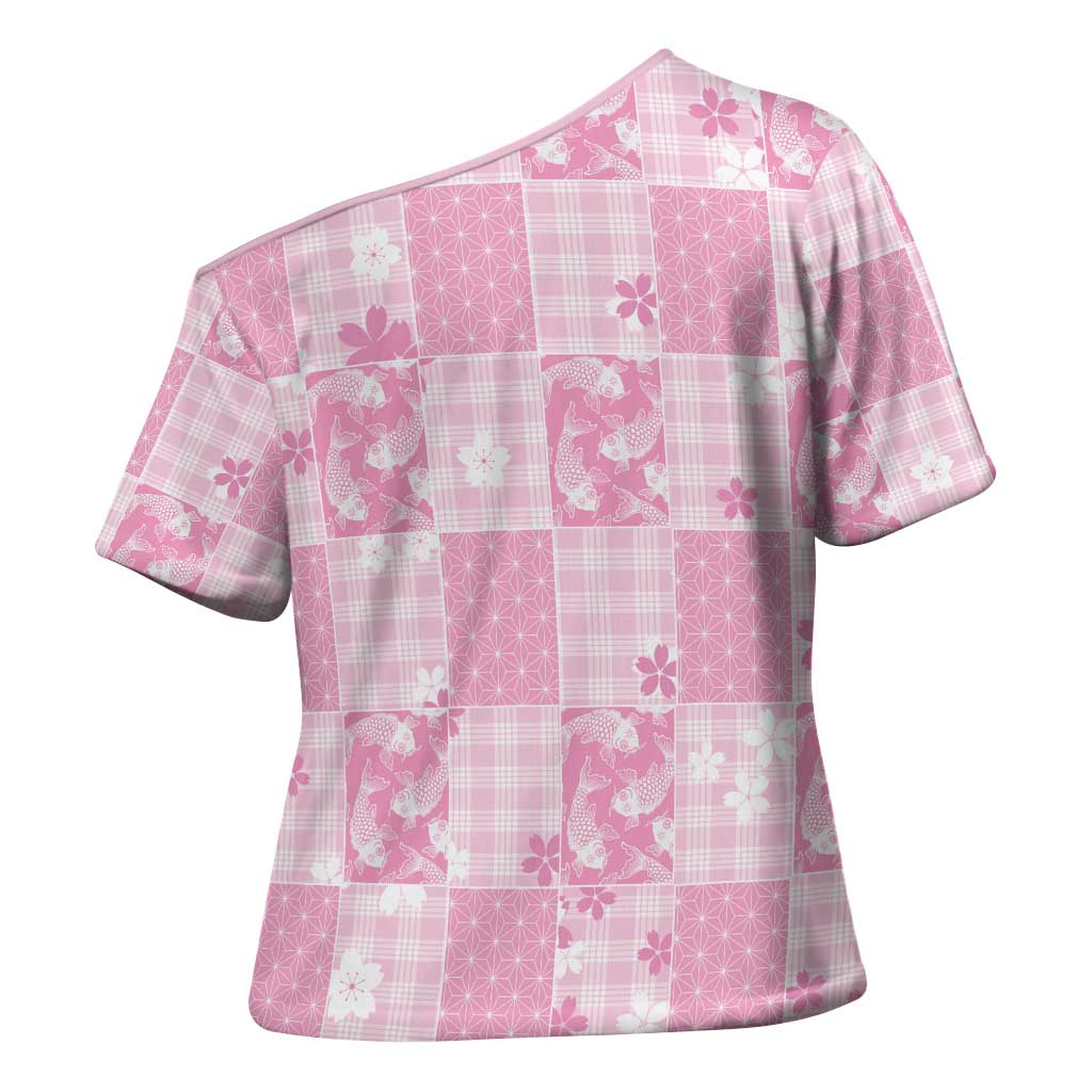 Pink Palaka Japanese Patterns Cross Shoulder Shirt Koi Fish Asanoha Sakura Patchwork Stylized - Polynesian Pride