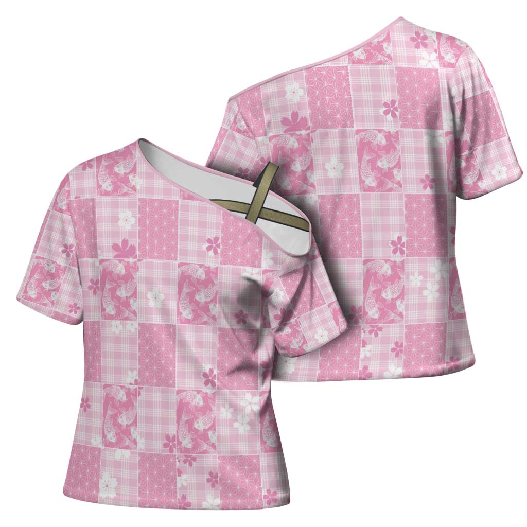 Pink Palaka Japanese Patterns Cross Shoulder Shirt Koi Fish Asanoha Sakura Patchwork Stylized - Polynesian Pride