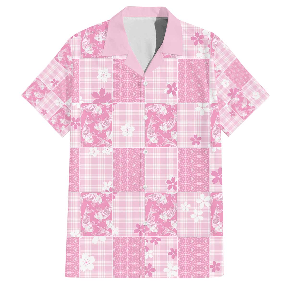 Pink Palaka Japanese Patterns Family Matching Off The Shoulder Long Sleeve Dress and Hawaiian Shirt Koi Fish Asanoha Sakura Patchwork Stylized - Polynesian Pride