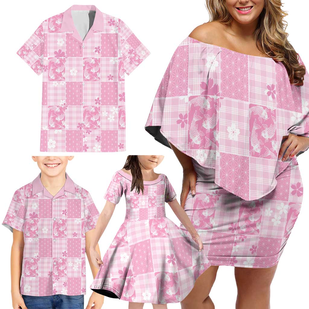 Pink Palaka Japanese Patterns Family Matching Off Shoulder Short Dress and Hawaiian Shirt Koi Fish Asanoha Sakura Patchwork Stylized - Polynesian Pride