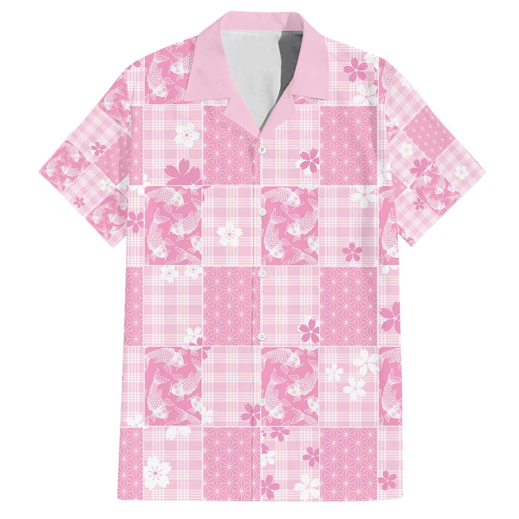 Pink Palaka Japanese Patterns Family Matching Off Shoulder Short Dress and Hawaiian Shirt Koi Fish Asanoha Sakura Patchwork Stylized - Polynesian Pride