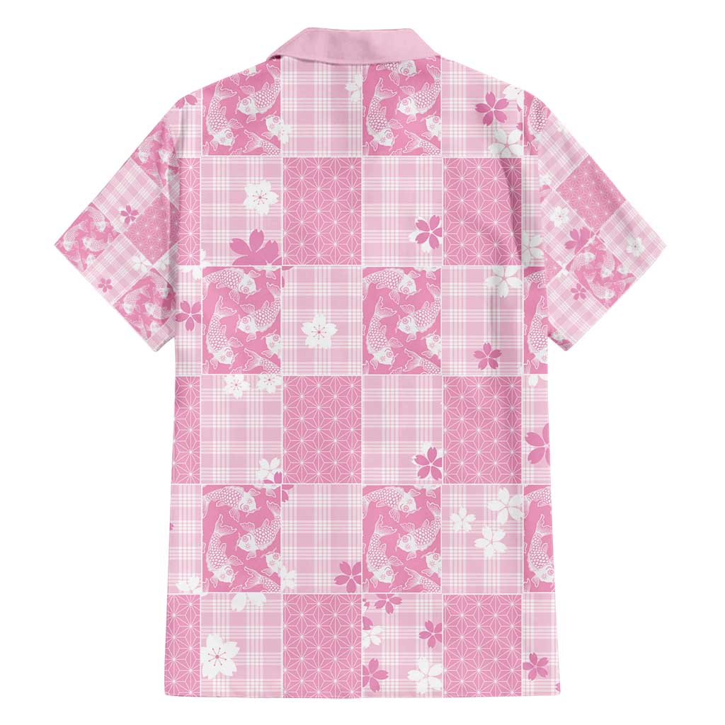 Pink Palaka Japanese Patterns Family Matching Off Shoulder Short Dress and Hawaiian Shirt Koi Fish Asanoha Sakura Patchwork Stylized - Polynesian Pride
