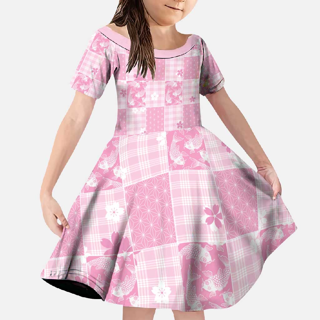 Pink Palaka Japanese Patterns Family Matching Tank Maxi Dress and Hawaiian Shirt Koi Fish Asanoha Sakura Patchwork Stylized - Polynesian Pride