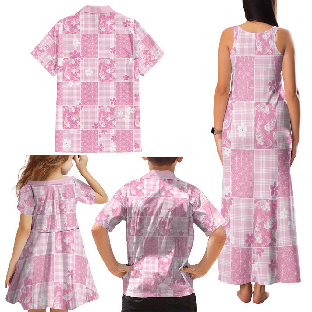Pink Palaka Japanese Patterns Family Matching Tank Maxi Dress and Hawaiian Shirt Koi Fish Asanoha Sakura Patchwork Stylized - Polynesian Pride
